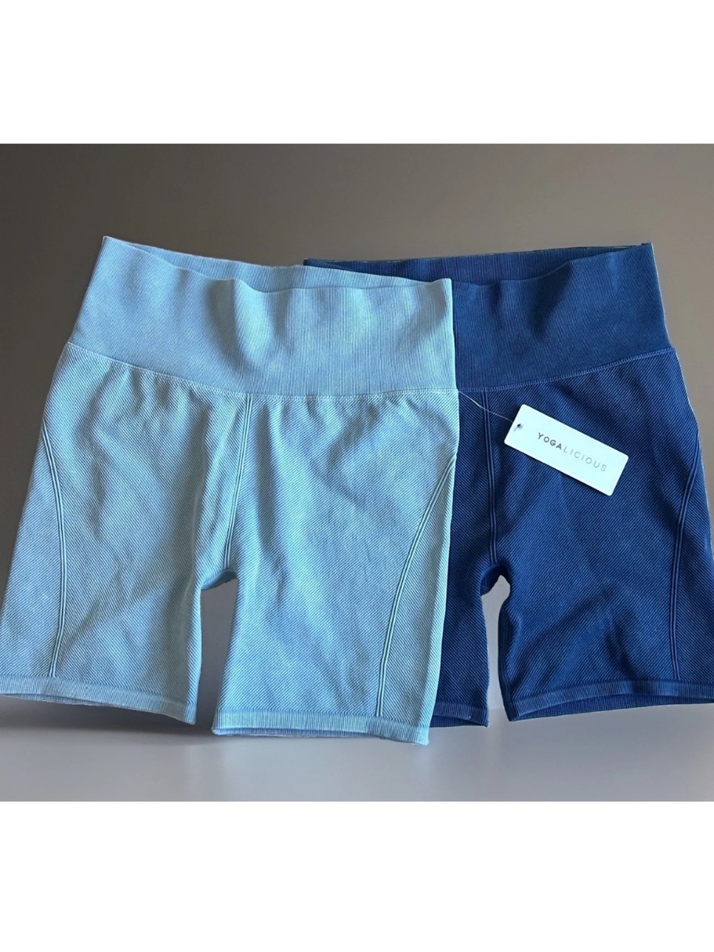 SET OF 2 Women’s Yogalicious Ribbed High-Waisted Bike Shorts  LT & DK Blue L